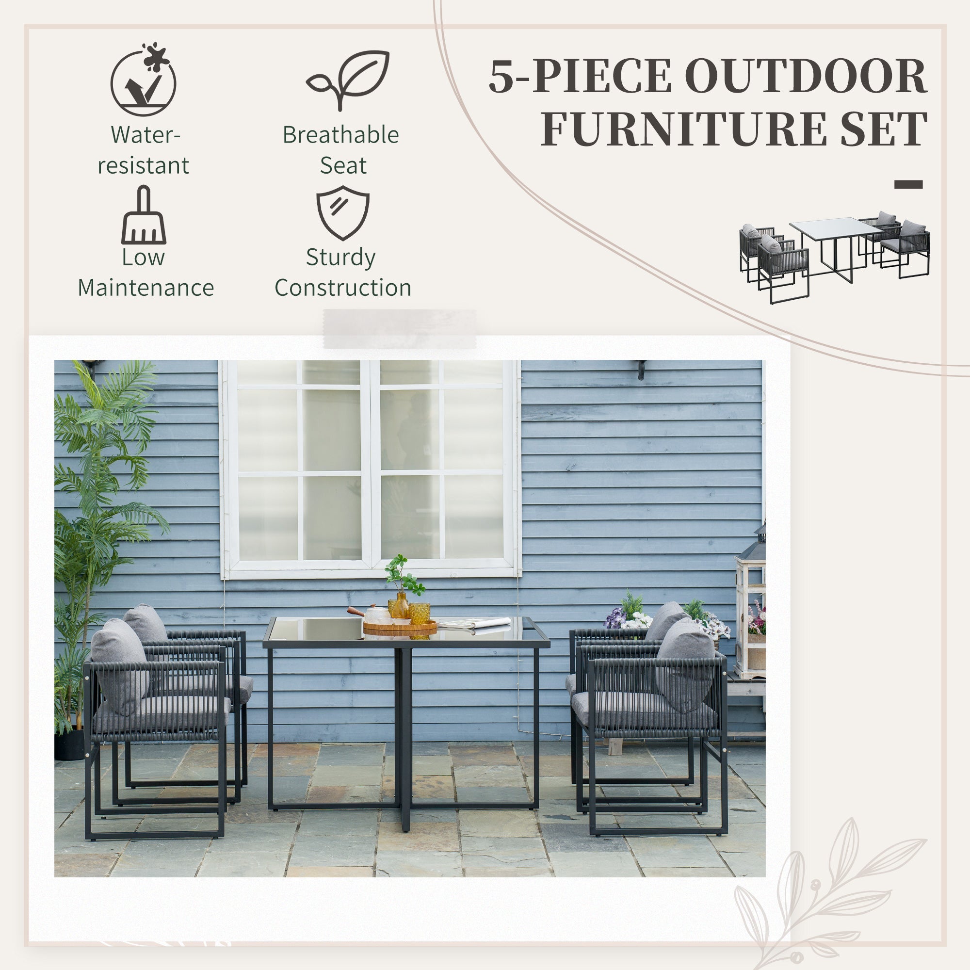 Set Tavolo e 4 Sedie da Giardino con Cuscini in Rattan PE Nero e Grigio