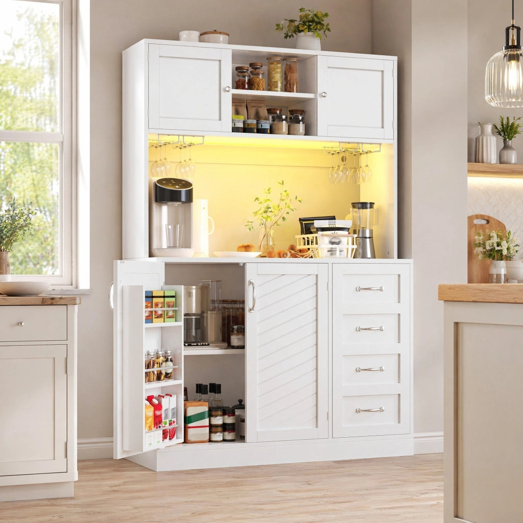 BUFFET 120x40x188 cm in MDF Bianco con LED, 4 ante e cassetti