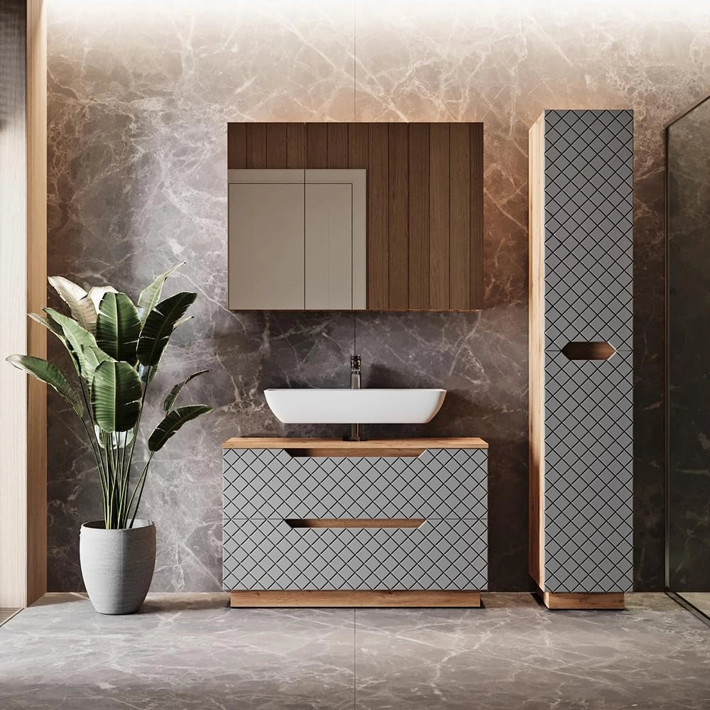 Set di mobili da bagno Lotta, Rovere/grigio con struttura in piastrelle, 3 parti
