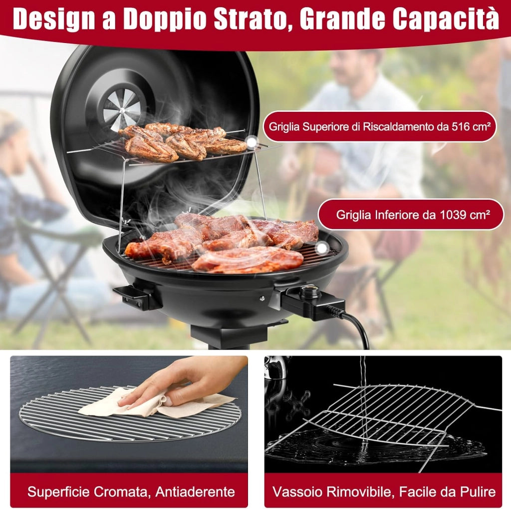 Grill Elettrico per BBQ, Grill Portatile Verticale con Griglia Scaldavivande Rimovibile Antiaderente, Temperatura Regolabile, 1600 W per BBQ, Festa, Campeggio