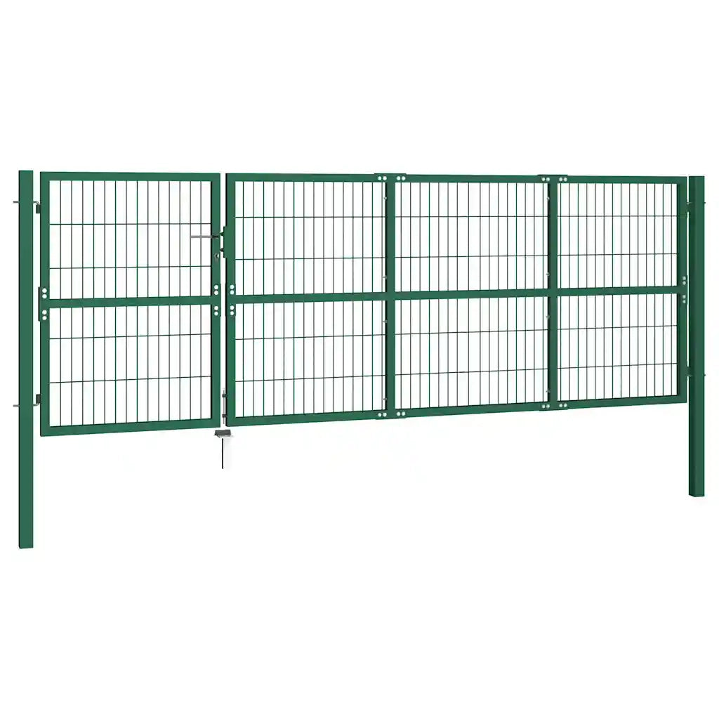 Cancello per Recinzione da Giardino con Pali 350x120 cm in Acciaio Verde 142570