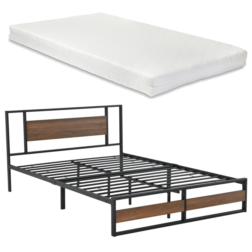Letto in Acciaio con Materasso a Schiuma Fredda 200 x 140 cm Letto Matrimoniale/Francese in Stile Moderno con Elementi Decorativi in Effetto Legno di Color Noce  - Struttura Nera