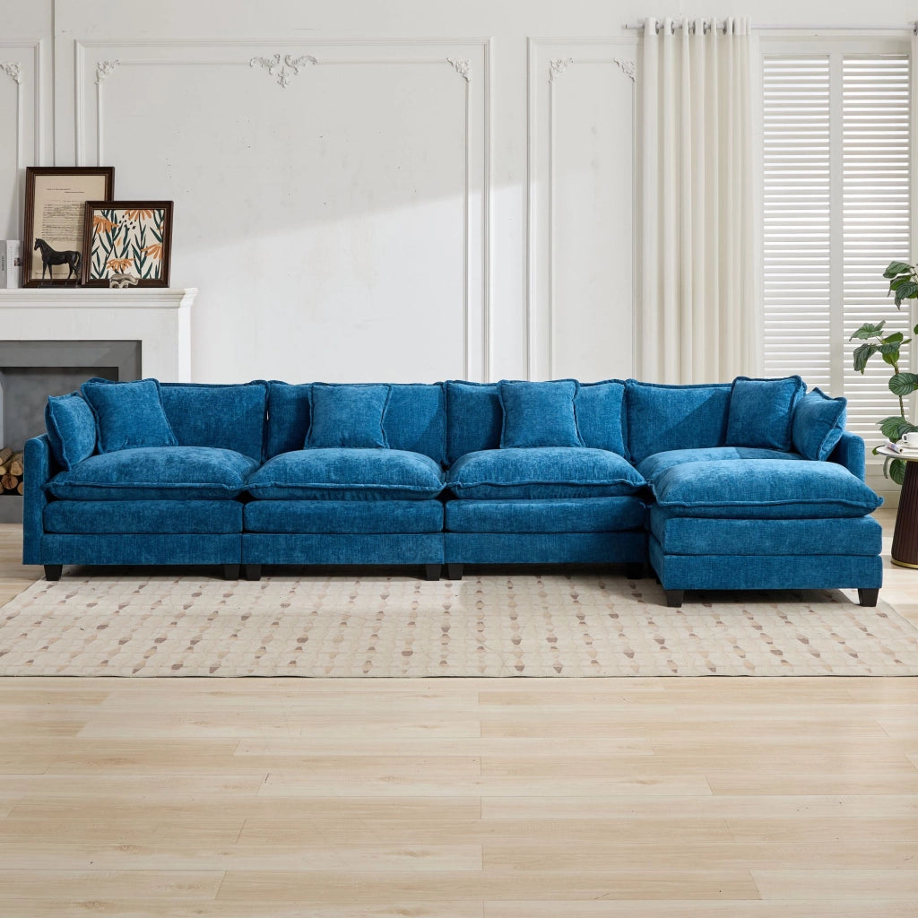 Divano modulare 4 posti con cuscini ergonomici e seduta imbottita in tessuto chenille blu 75 × 380 × 84 cm
