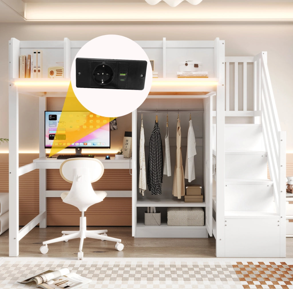 Letto a soppalco 90x200 cm in legno bianco con scrivania; armadio; scala portaoggetti e LED
