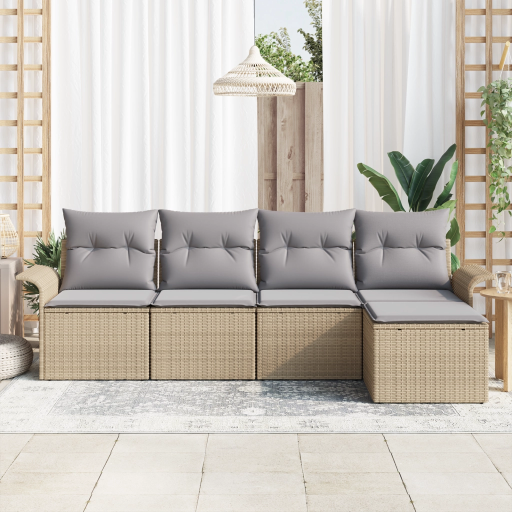 Set di divano da giardino a 5 pezzi con cuscini in polyrattan beige