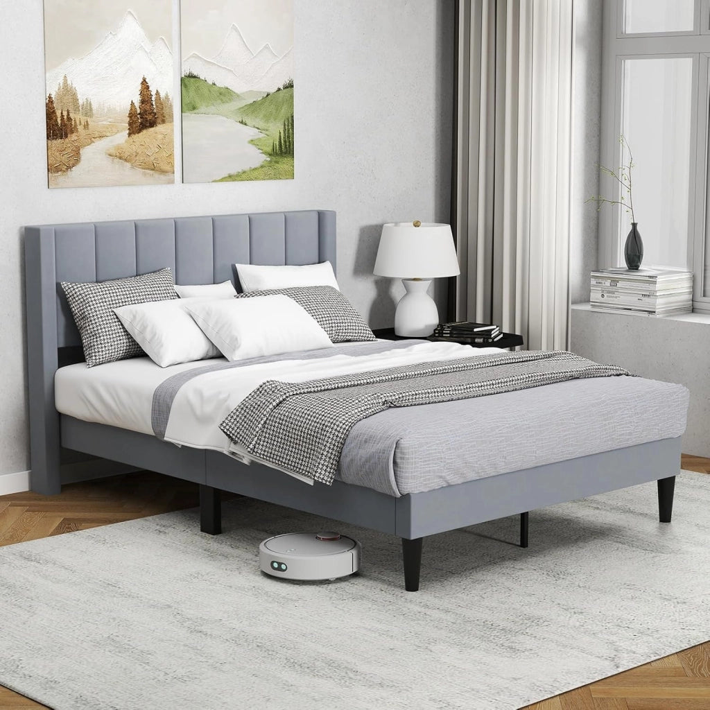 Struttura Letto Imbottito Matrimoniale 140x200 cm, Letto Piattaforma Imbottito, con Testiera in Morbido Tessuto di Velluto e Supporto a Doghe di Legno, Silenzioso, Carico 250kg (Stile 4)
