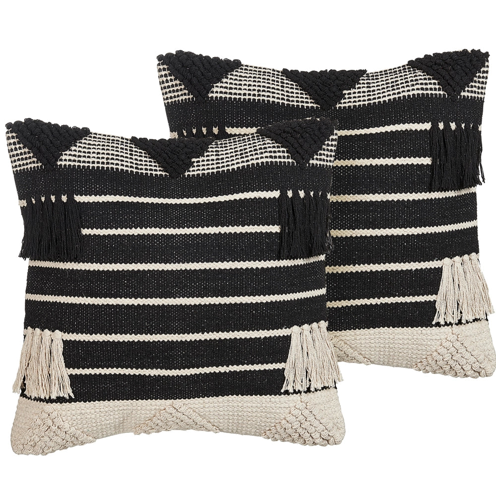 Set di 2 cuscini decorativi in cotone beige e nero 50 x 50 cm motivo geometrico nappe fatto a mano sfoderabile con imbottitura