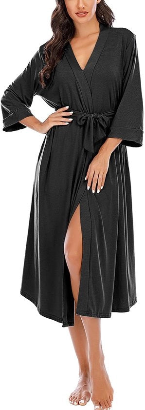 Kimono da donna con maniche corte, V-neck, lunga notte, tessuto leggero, nero, 3/4 maniche, con cappuccio, per abbigliamento da notte