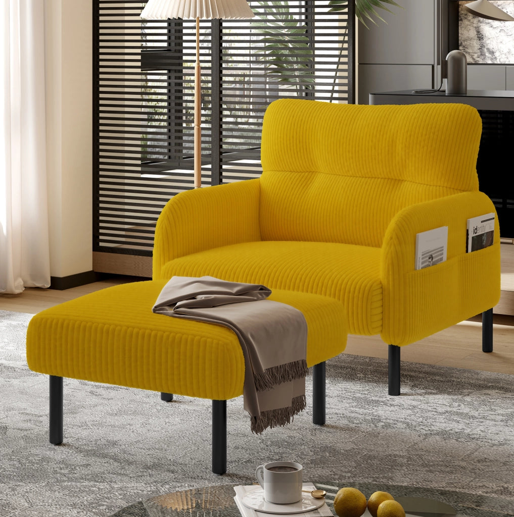 Pouf giallo in velluto a coste con struttura in metallo