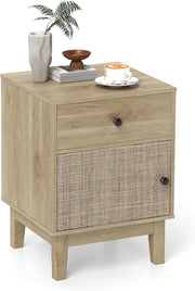 Comodino in Rattan 40 x 39 x 55 cm, Mobile Moderno con Cassetto, Armadietto e Gambe in Legno Massello, Tavolino in Stile Boemia per Camera da Letto, Soggiorno e Salotto (Nero)