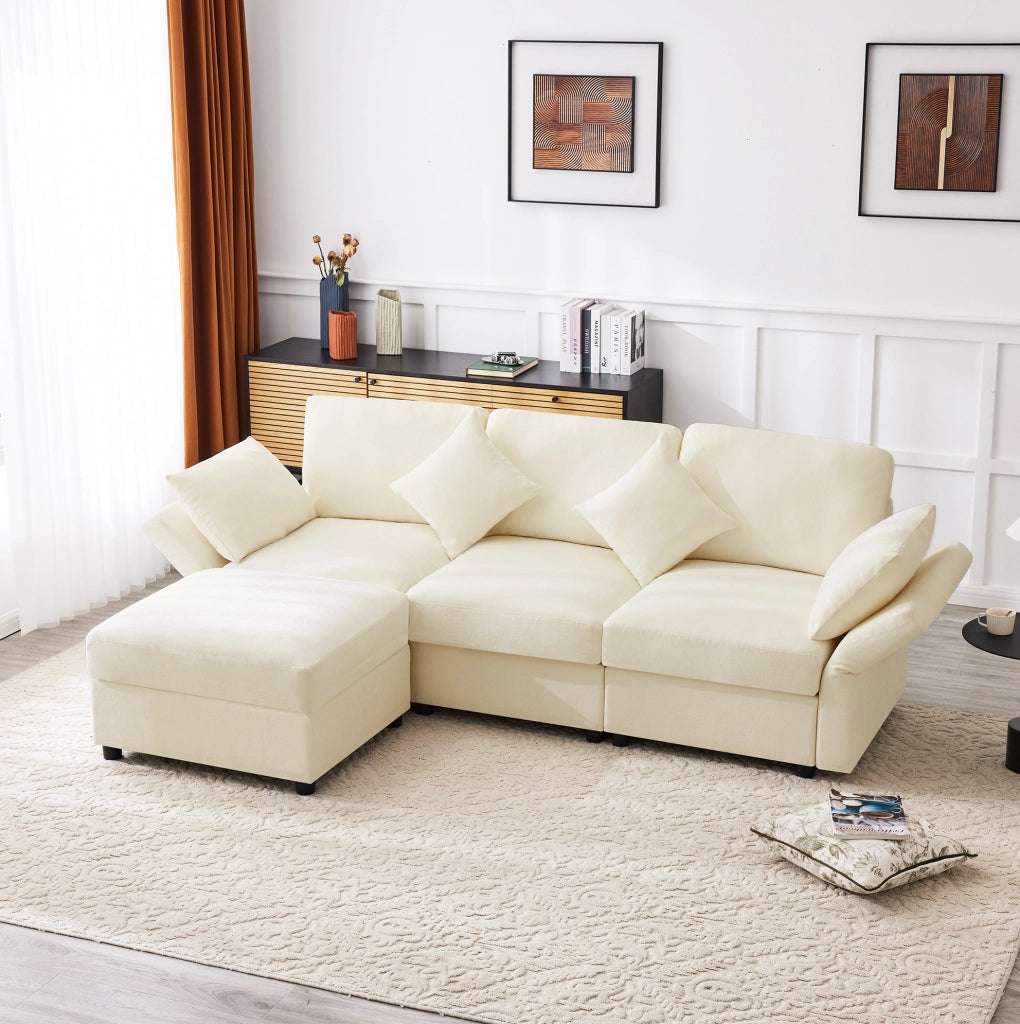 Divano multifunzionale angolare con pouf; 3-4 posti; in ciniglia beige