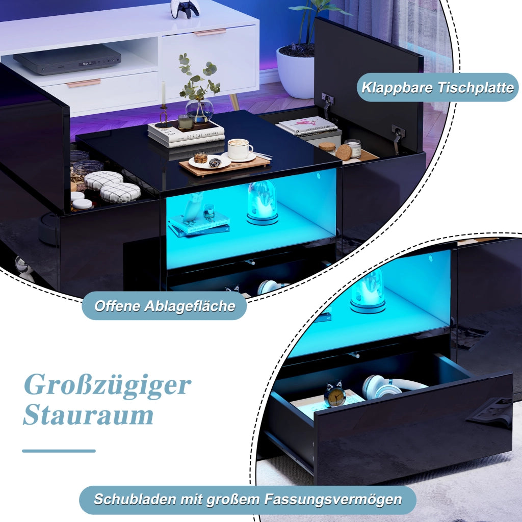 Tavolino basso con 1 cassetto, 2 vani chiusi, vano centrale aperto e LED, per soggiorno, 100 × 50 × 40 cm, nero