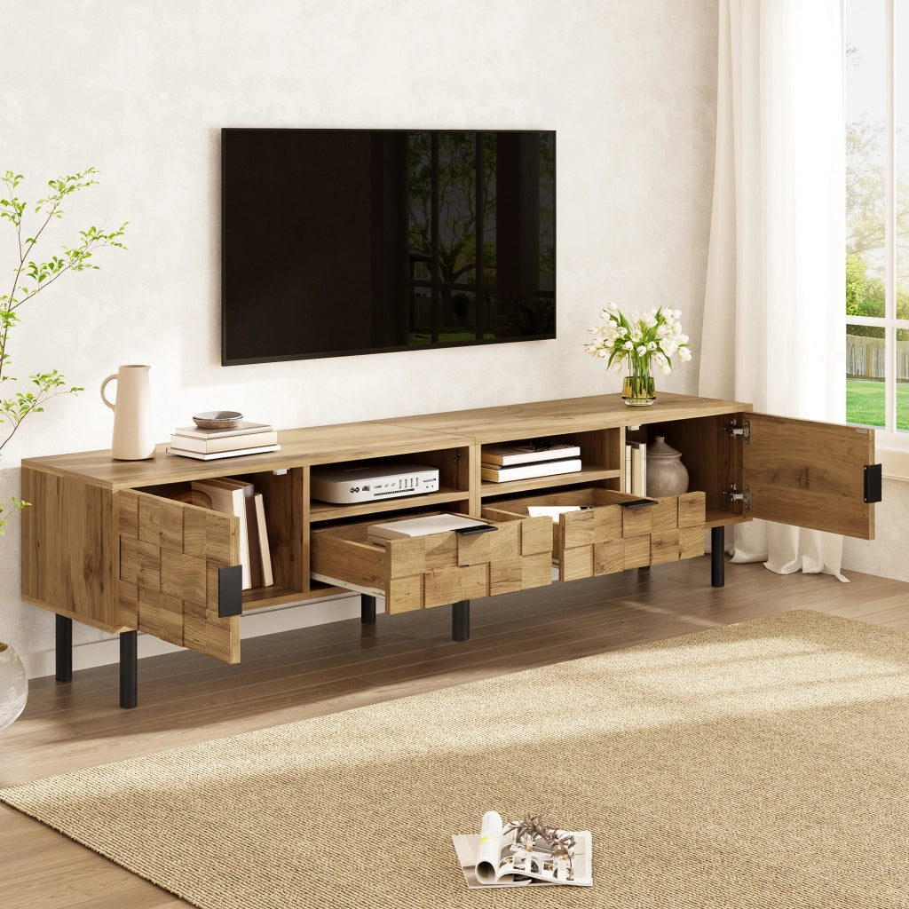Mobile porta TV con 2 ante, 2 cassetti e 2 vani aperti, per soggiorno, in truciolare, naturale e nero 160 × 35 × 42,5 cm