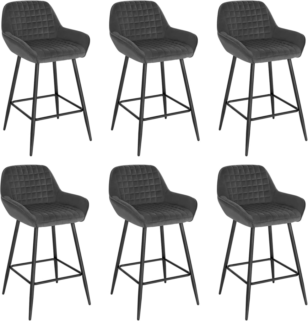 Set di 6 Sgabelli da Bar, Sedie da Cucina, con Schienale & Braccioli, Struttura in Acciaio, Seduta Ampia in Velluto Altezza di 64 cm, Colore Nero BH372sz-6
