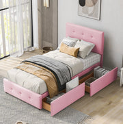 Letto imbottito con rete 90x200 cm; con testiera e cassetto contenitore; velluto rosa