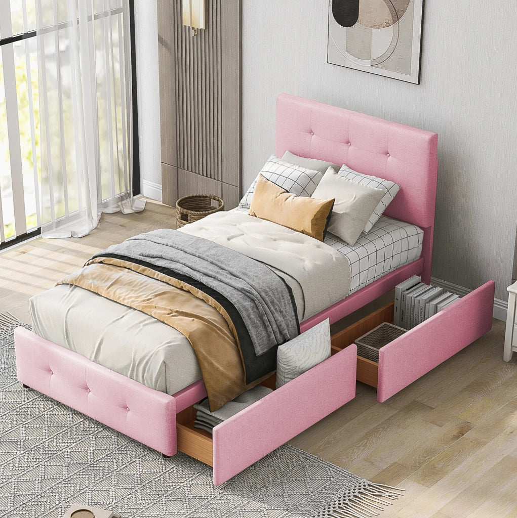 Letto imbottito con rete 90x200 cm; con testiera e cassetto contenitore; velluto rosa