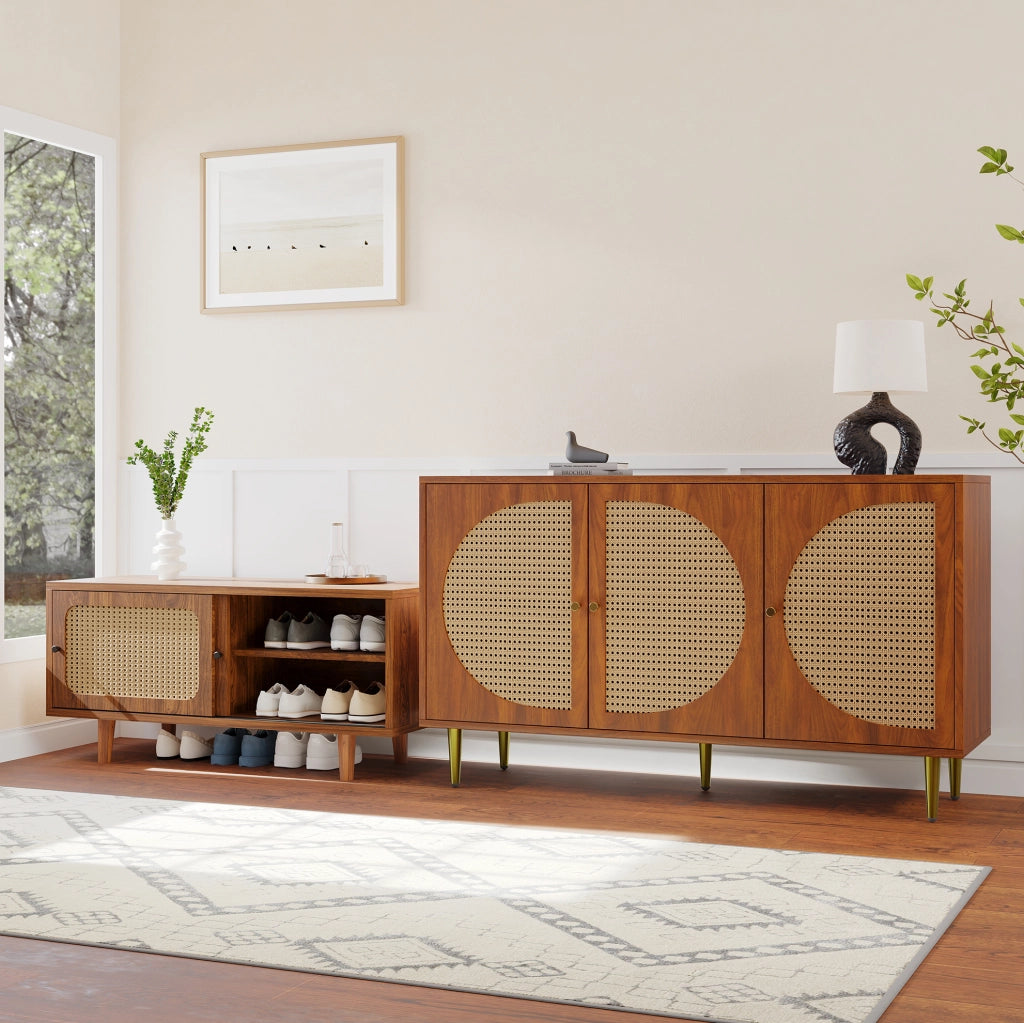 Set madia in rattan con scarpiera, finitura noce