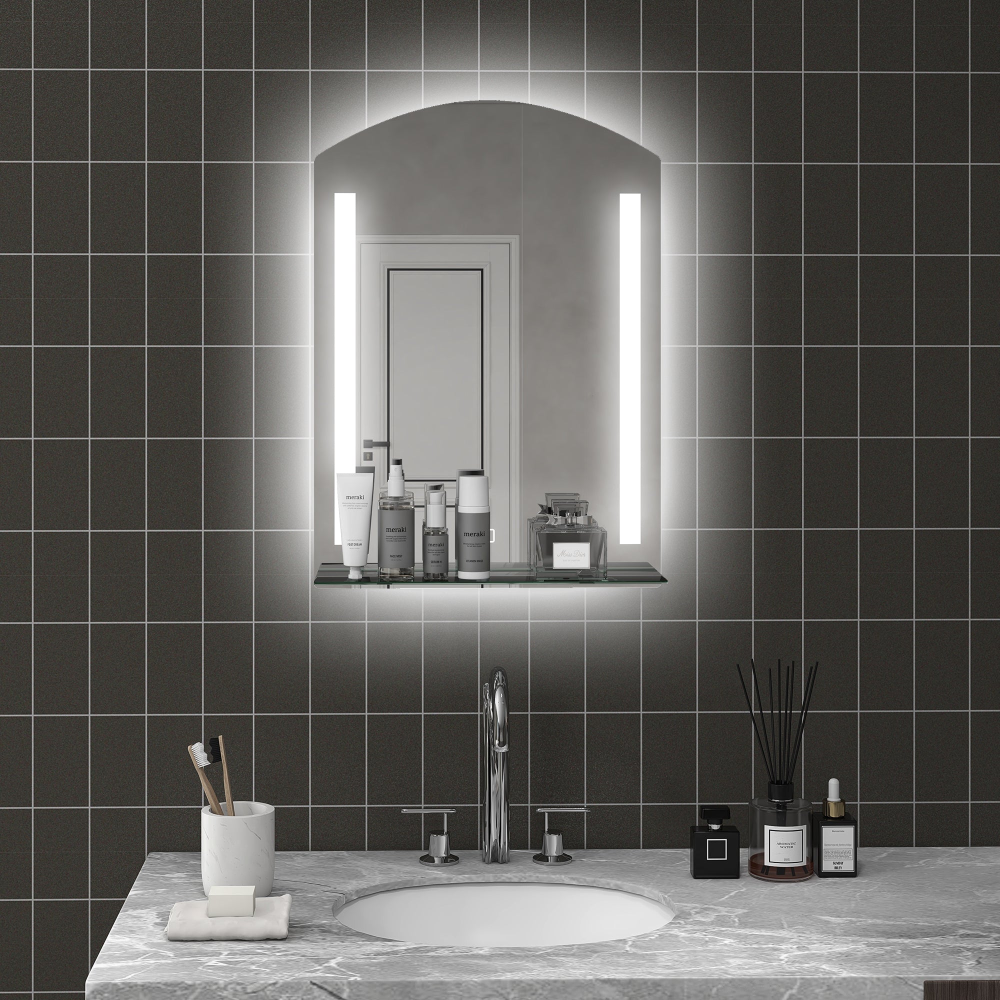 Specchio Bagno a Parete Luce LED a 3 Colori Mensola in Vetro 50x12x70 cm