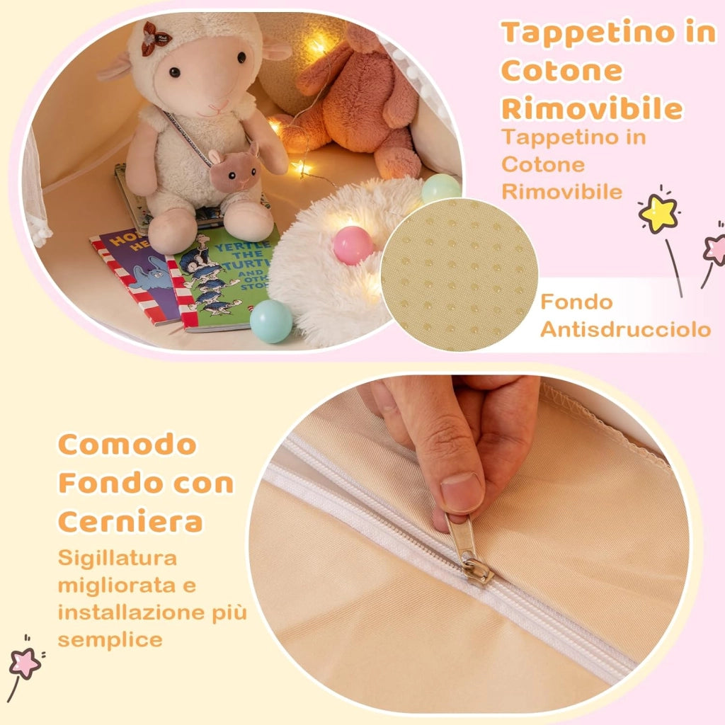 Tenda da Gioco per Bambini, Tenda Castello con Tappetino Lavabile, Luci a Forma di Stella, per Interno ed Esterno, 105 x 121 x 136 cm (Stile 2 Beige)