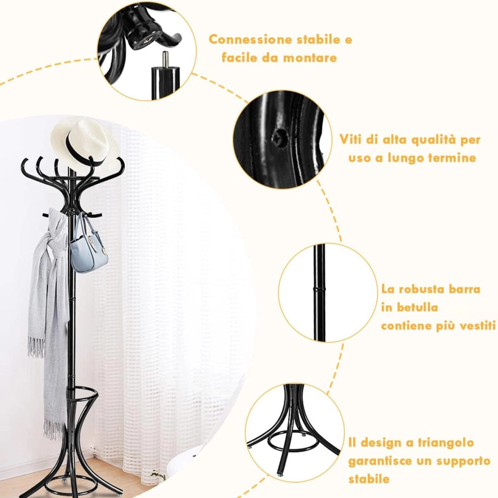 Attaccapanni da Terra Appendiabiti a piedi con 12 Ganci in Legno Ecologico, 51 x 51 x 184 cm (Nero)