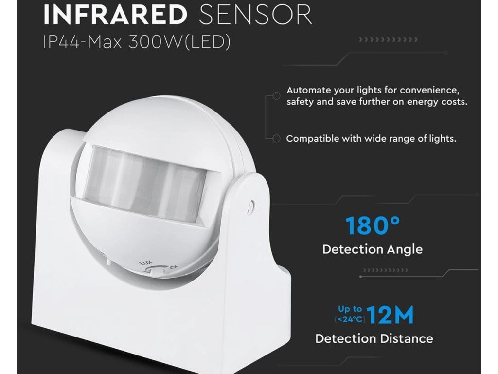 Sensore PIR Movimento Luce Crepuscolare Timer Rilevamento Presenza Infrarossi 220V Massimo 1200W IP44 Esterno Da Muro Orientabile 180 Gradi SKU-4967