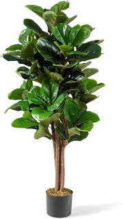 Pianta artificiale, albero di fico artificiale, 120 cm, decorazione in vaso di cemento, pianta verde con tronco e foglie in legno naturale, decorazione per interni