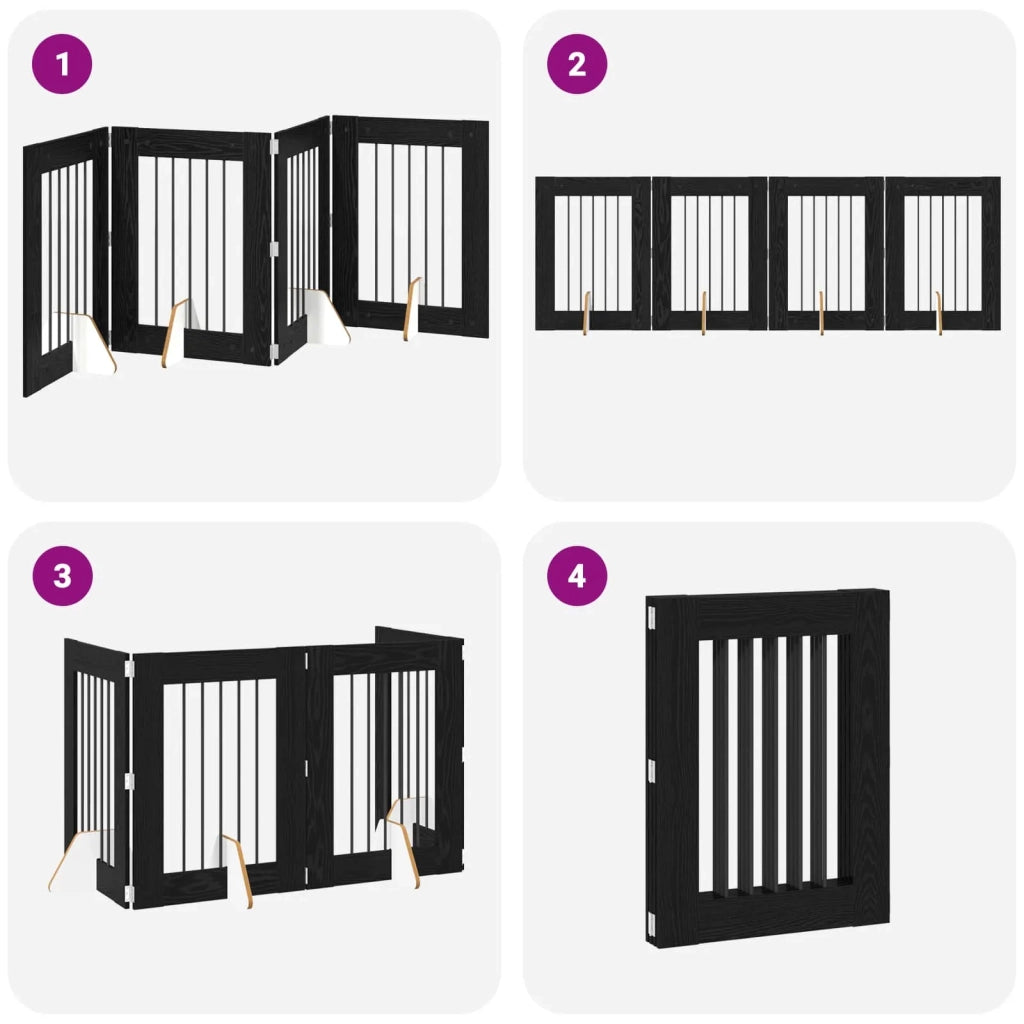 Cancello per cani pieghevole con supporti 4 pcs Rovere Nero 892097