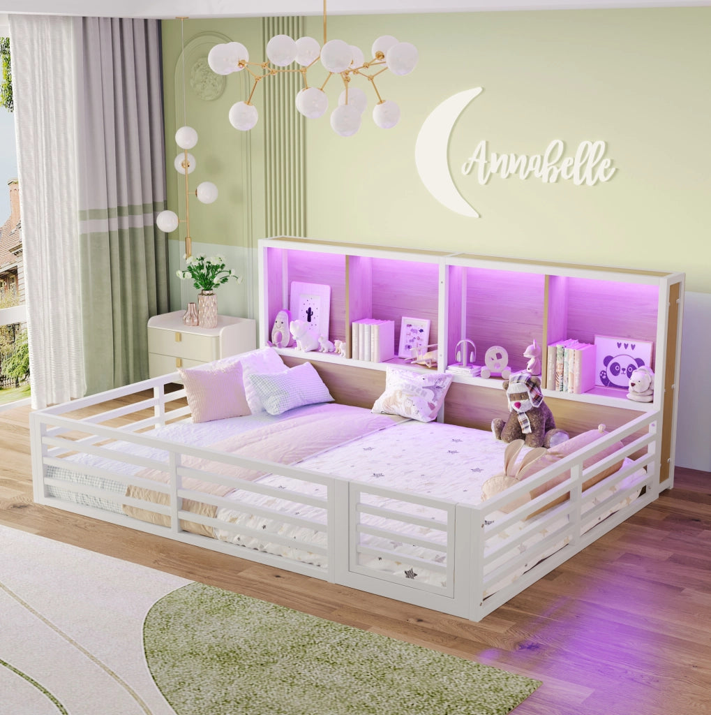Letto daybed 140x200 cm con sponde di sicurezza; vani laterali e LED; MDF e metallo; bianco