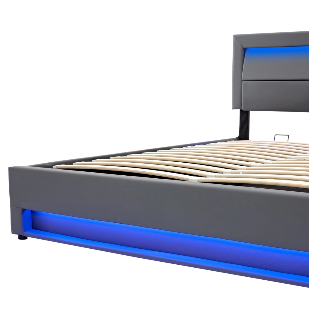 Letto imbottito 160x200 cm in PU grigio con USB; LED e contenitore