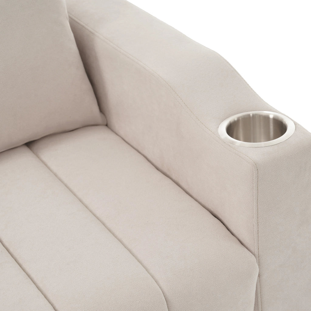 Divano letto 2 posti beige multifunzione con schienale regolabile, portabevande e tasche laterali
