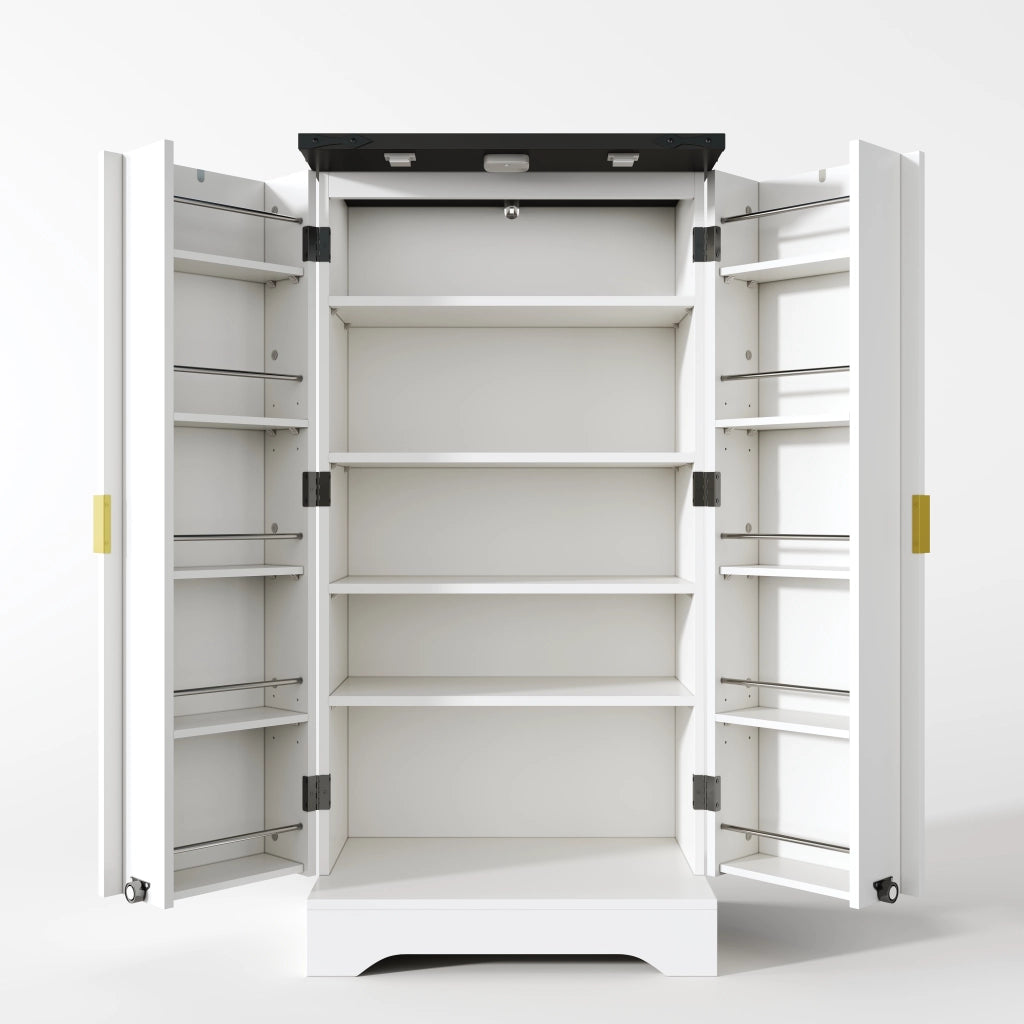 Dispensa alta con LED, 2 ante, ripiani regolabili e vani su porta, per cucina e soggiorno, bianco, 120 × 60,5 × 40 cm