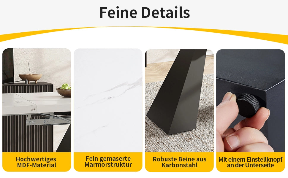 Tavolo da pranzo allungabile con 4 sedie in MDF metallo e velluto bianco e nero per sala da pranzo