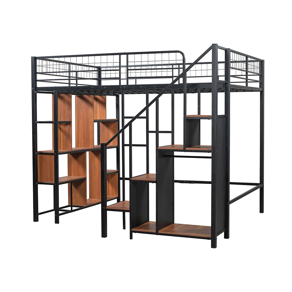 Letto a soppalco multifunzionale - Xylo - 140x200 cm - Nero - Con spazio di archiviazione e scala