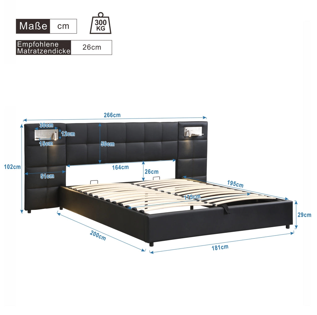 Letto imbottito 180x200 cm con contenitore, USB e ricarica wireless