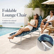 Folding Lounger, Steel And Fabric Leaf Pattern