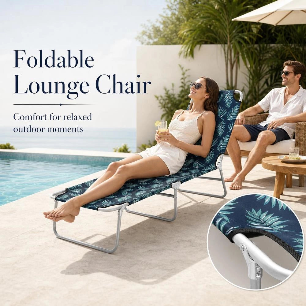 Folding Lounger, Steel And Fabric Leaf Pattern