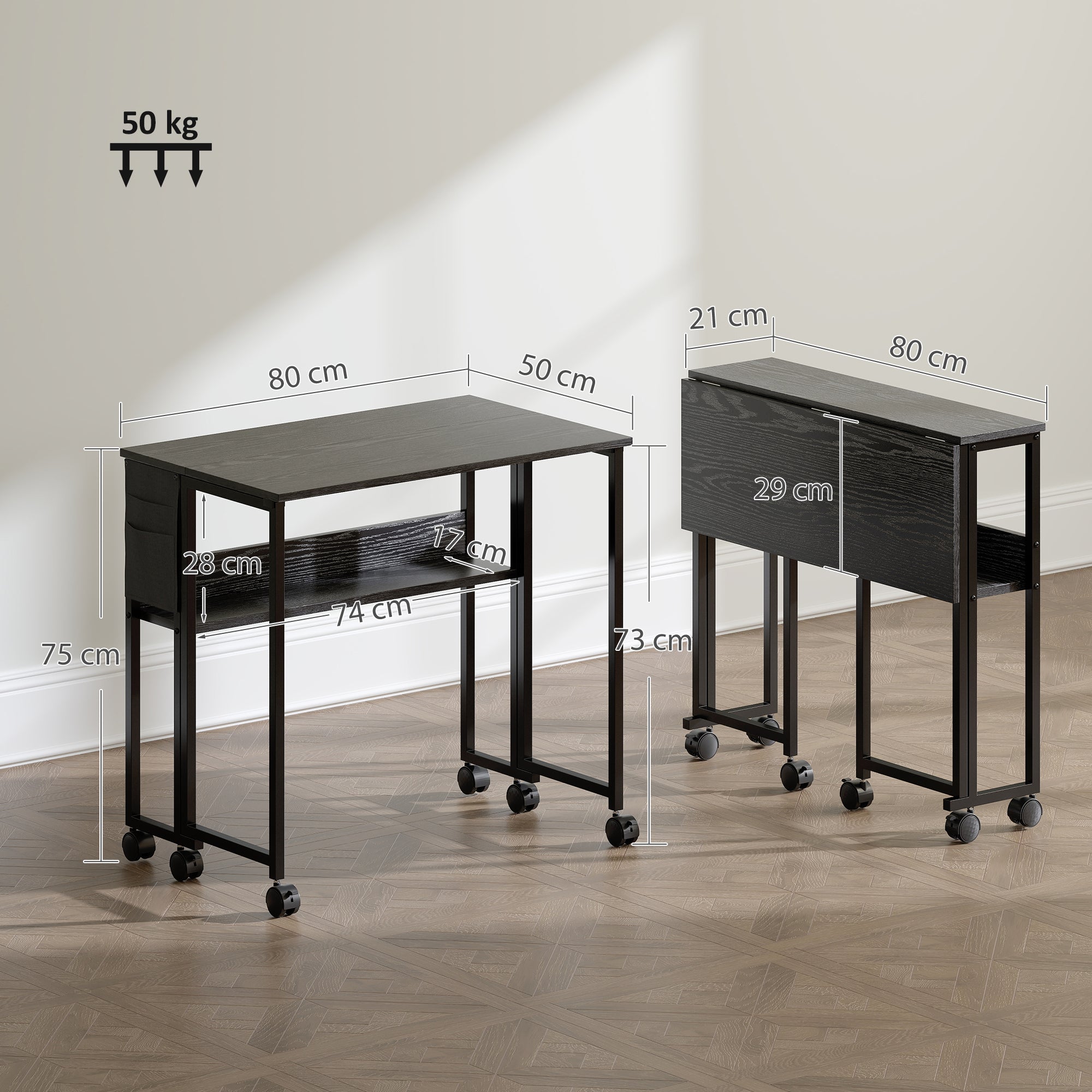 Scrivania Pieghevole Salvaspazio a Ribalta 80x50-21x75 cm con Scaffale e Ruote in MDF Nero