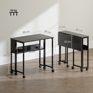 Scrivania Pieghevole Salvaspazio a Ribalta 80x50-21x75 cm con Scaffale e Ruote in MDF Nero