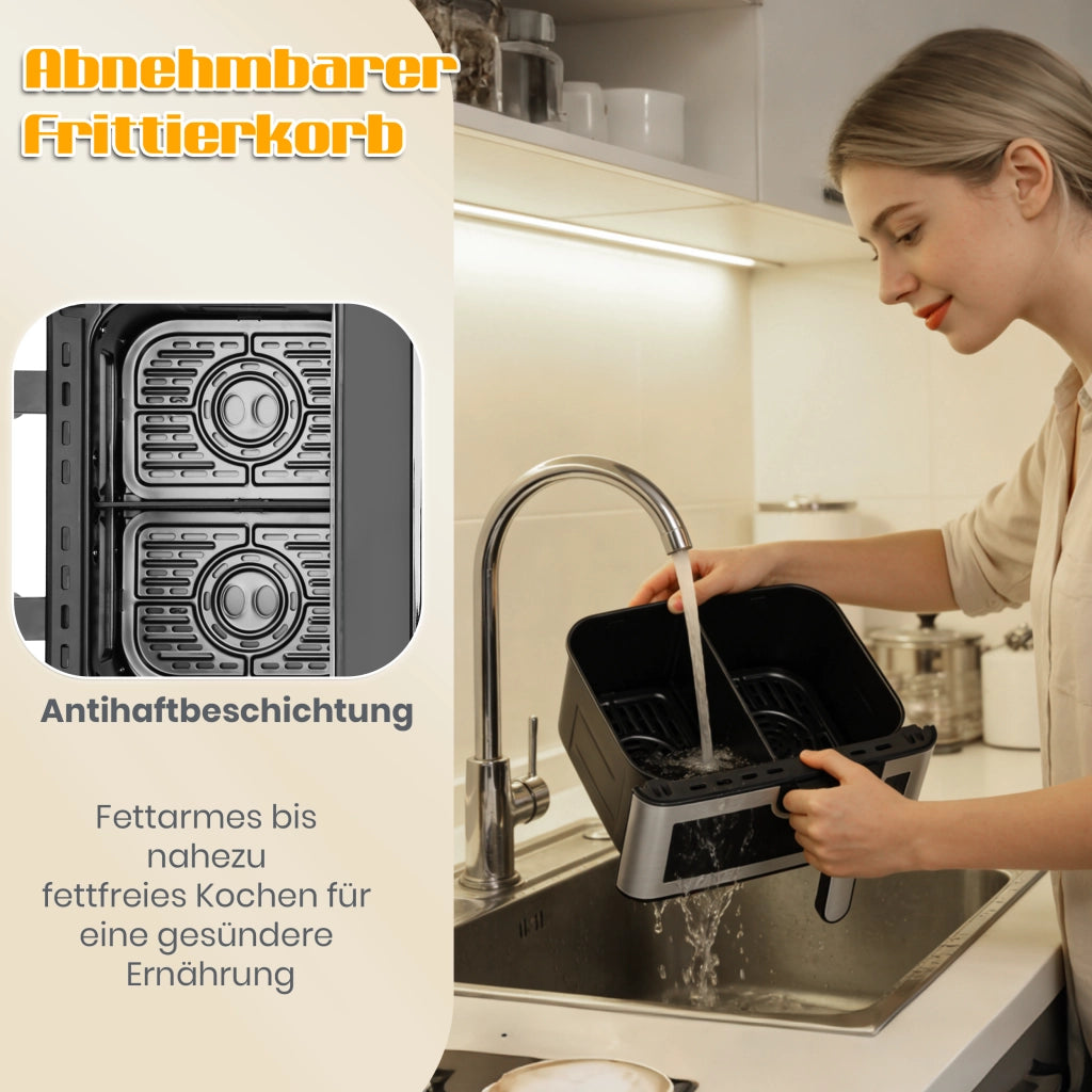 Friggitrice ad aria a doppia camera con obl¨°, 10 programmi di cottura, friggitrice senza olio, forno ad aria calda con touchscreen, friggitrice ad ari