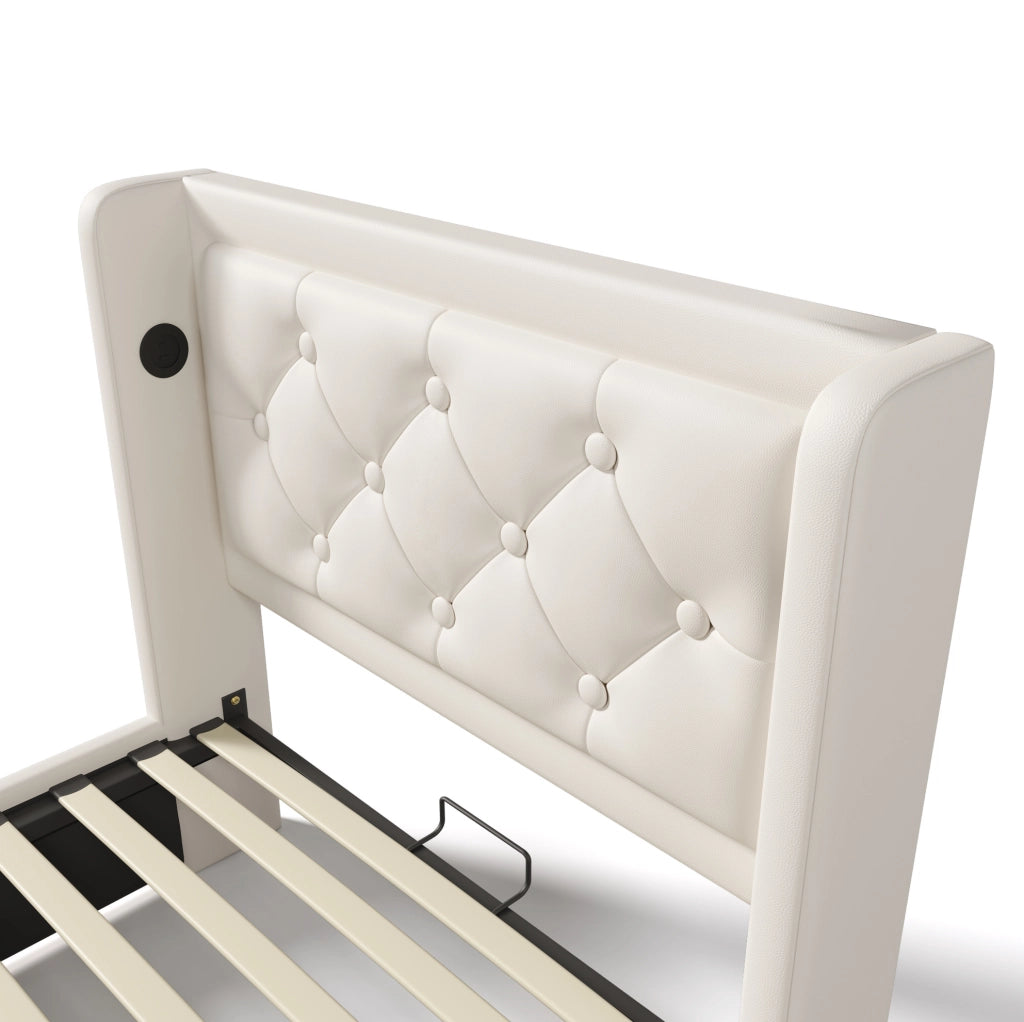 Letto singolo imbottito 90x200 cm in PU bianco con contenitore; USB; Type-C e LED