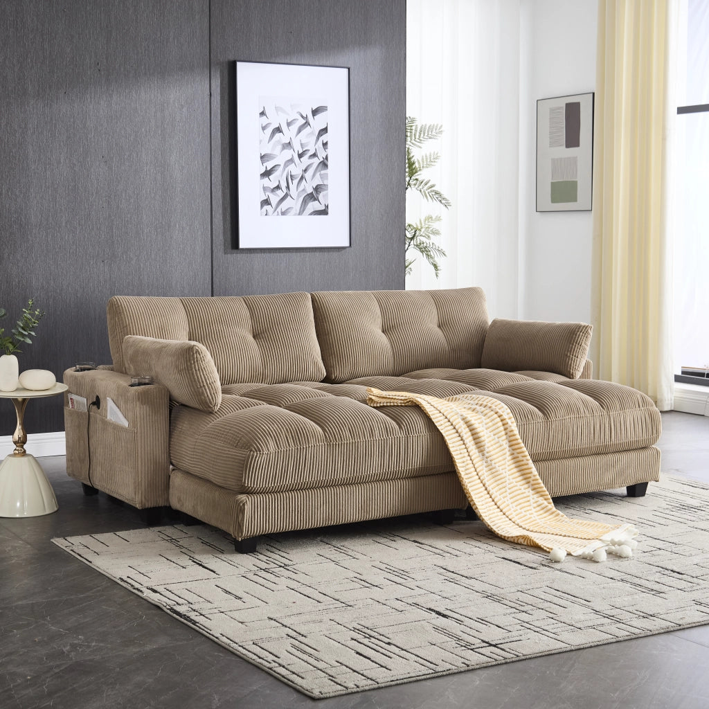 Divano modulare 2 posti in tessuto a coste con portabicchieri, tasche laterali e porte USB, khaki 224 × 140 × 81 cm