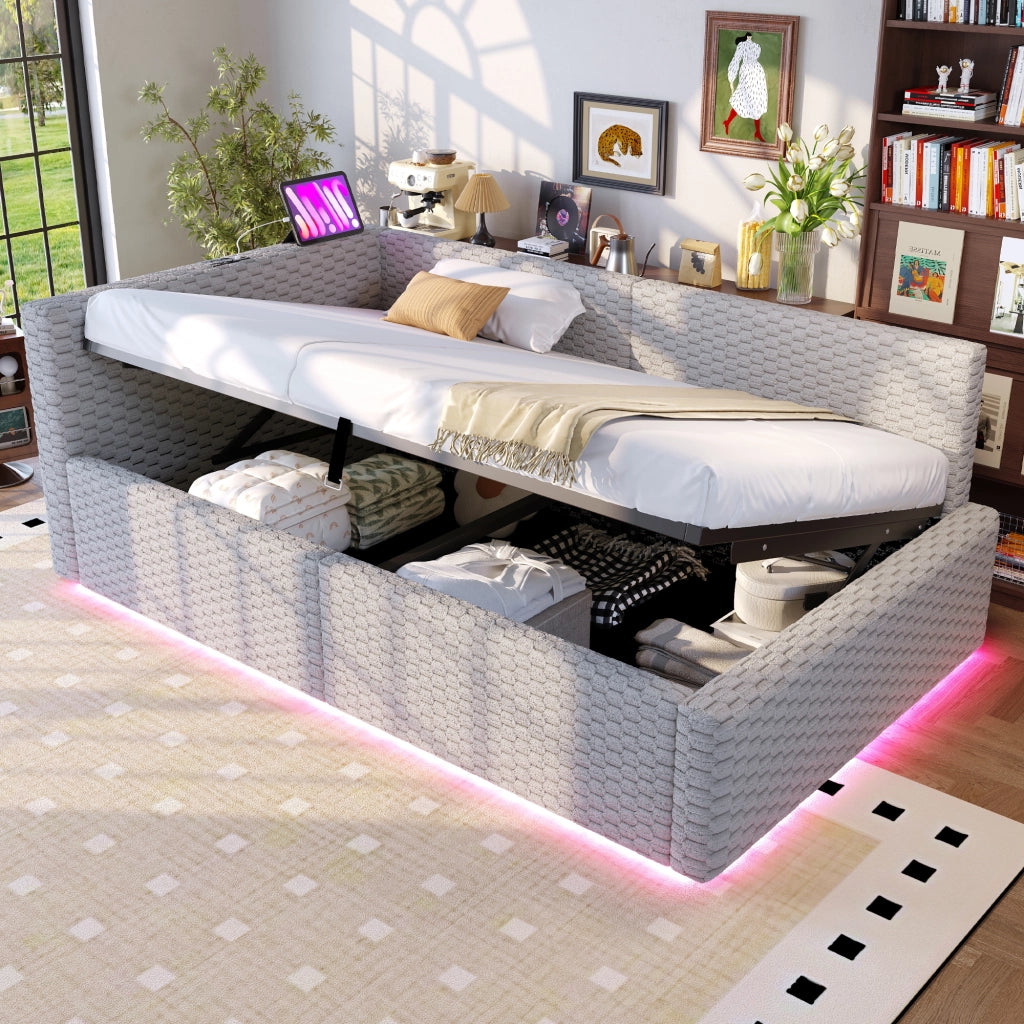 Letto imbottito singolo 90×200 cm con contenitore; LED; USB e Type-C; senza materasso; velluto grigio