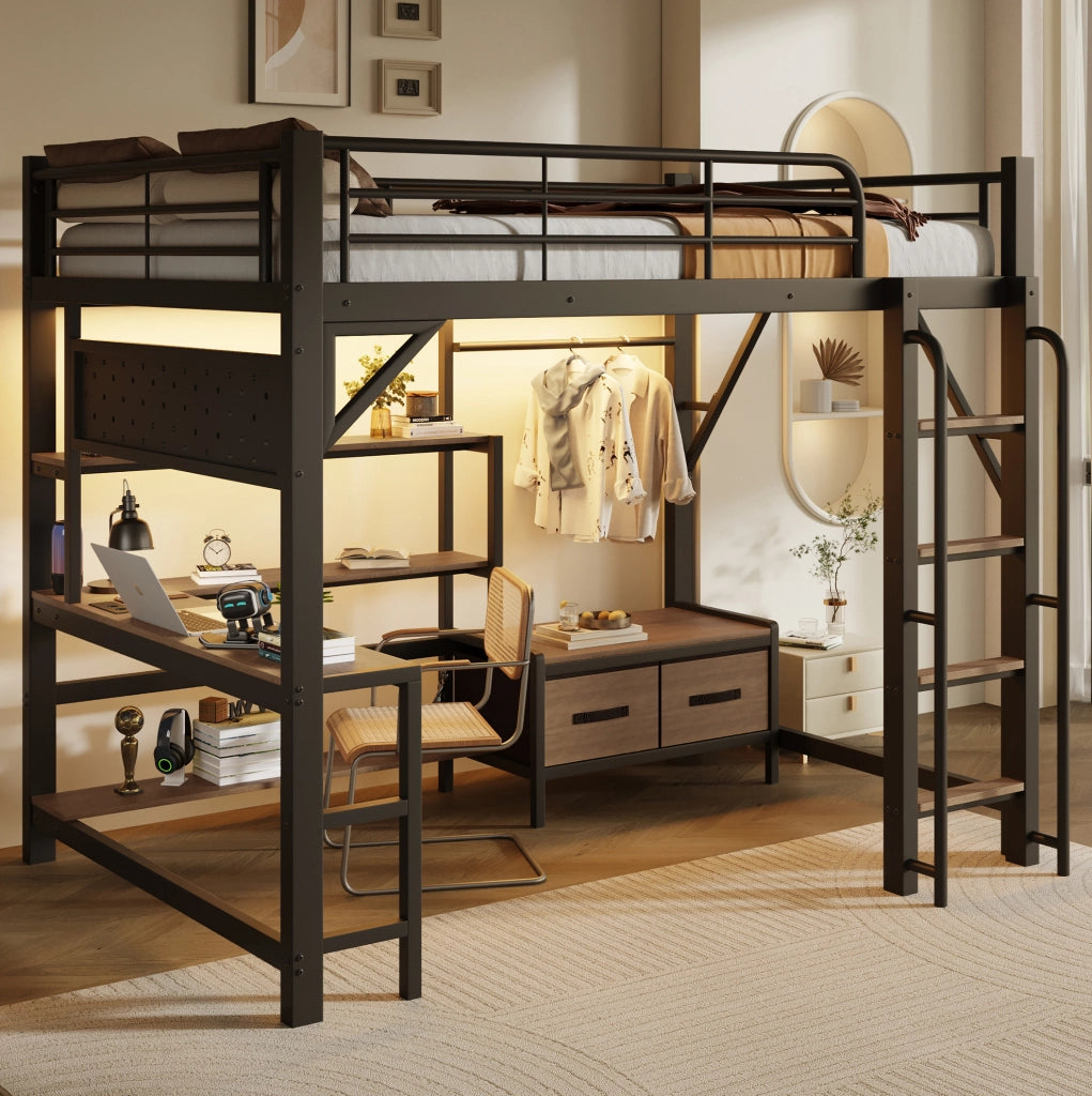 Letto a soppalco 140x200 cm con scrivania; ripiani; cassetti in tessuto; LED e USB; nero