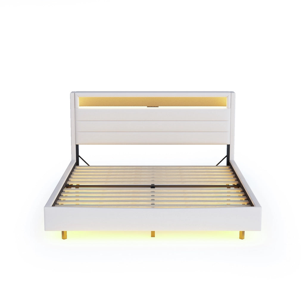 Letto matrimoniale imbottito 140x200 cm; USB e LED; testiera reversibile; tessuto beige (Senza materasso)
