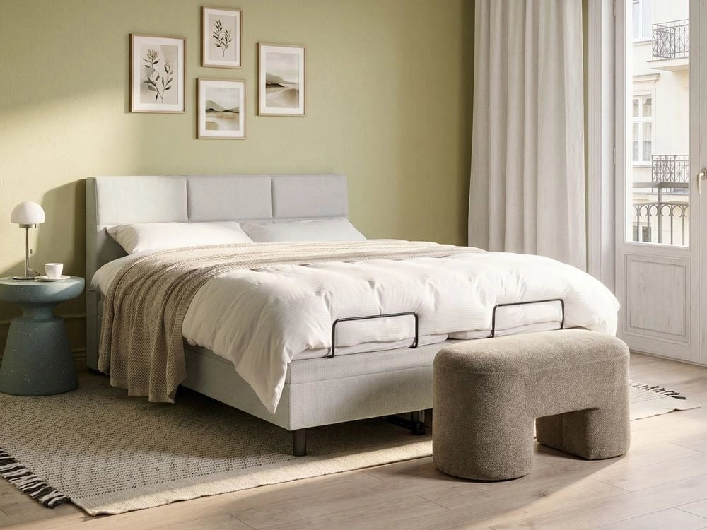 Letto matrimoniale Tessuto beige chiaro Elettrico 160 x 200 cm regolabile tramite telecomando Rivestimento in ciniglia