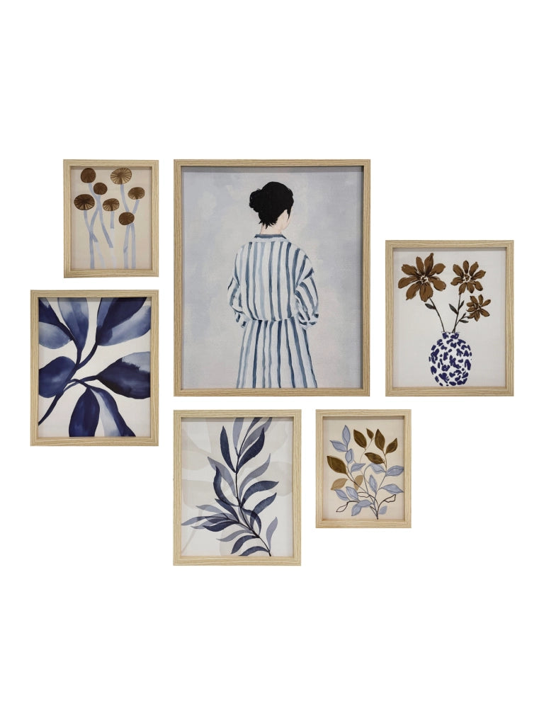 Set 6 stampe Hispanohogar incorniciati botaniche blu e beige 50x40