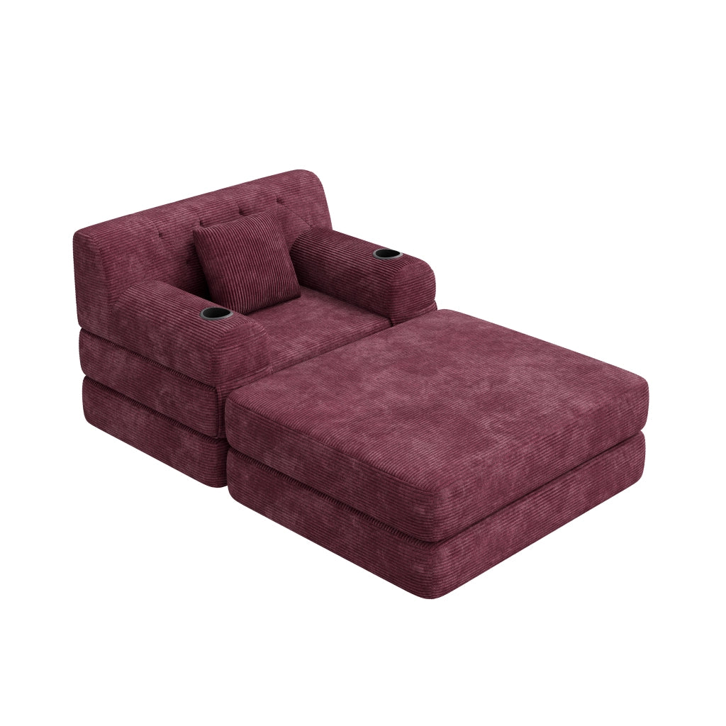 Poltrona letto - con funzione letto; tasche laterali e portabicchieri - in velluto a coste bordeaux