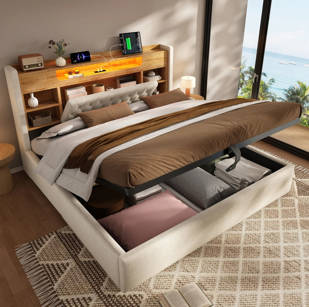 Letto matrimoniale 180x200 cm in lino beige con contenitore; LED e porte USB