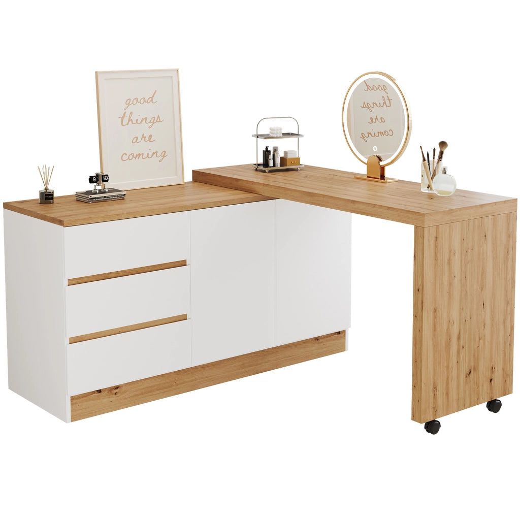 Scrivania pieghevole girevole con ruote frenanti, 2 porte e 3 cassetti, 120x50x78 cm, bianco e rovere