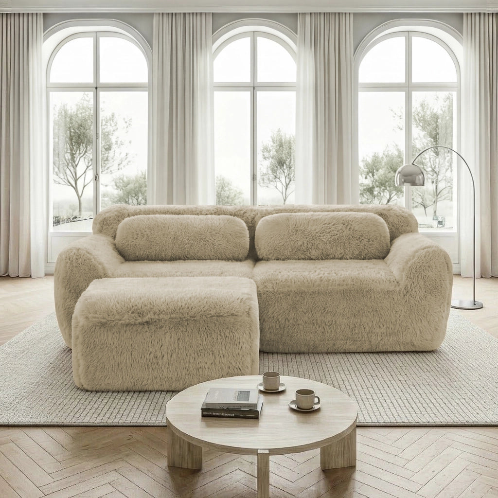 Divano Modulare ad Angolo 2 Posti con Pouf e Cuscini; senza Montaggio; in Peluche; Cachi Chiaro